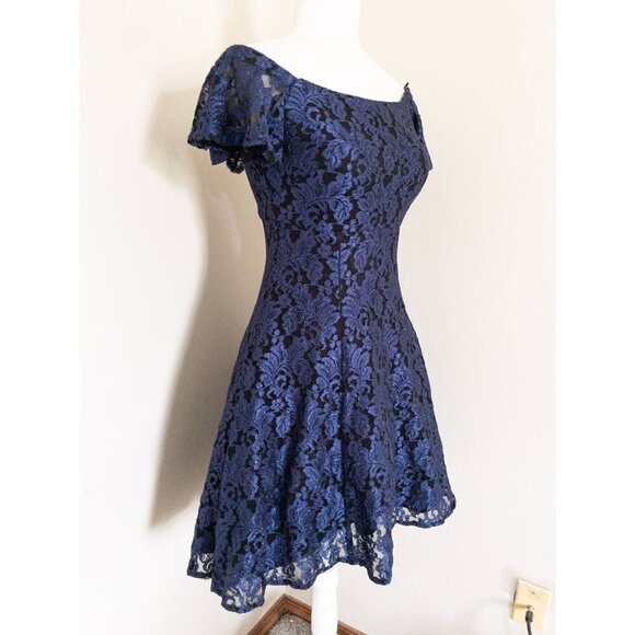 Vintage 2000s Off-Shoulder Blue & Black Glitter Lace Lined Dress S Prom - Picture 4 of 14